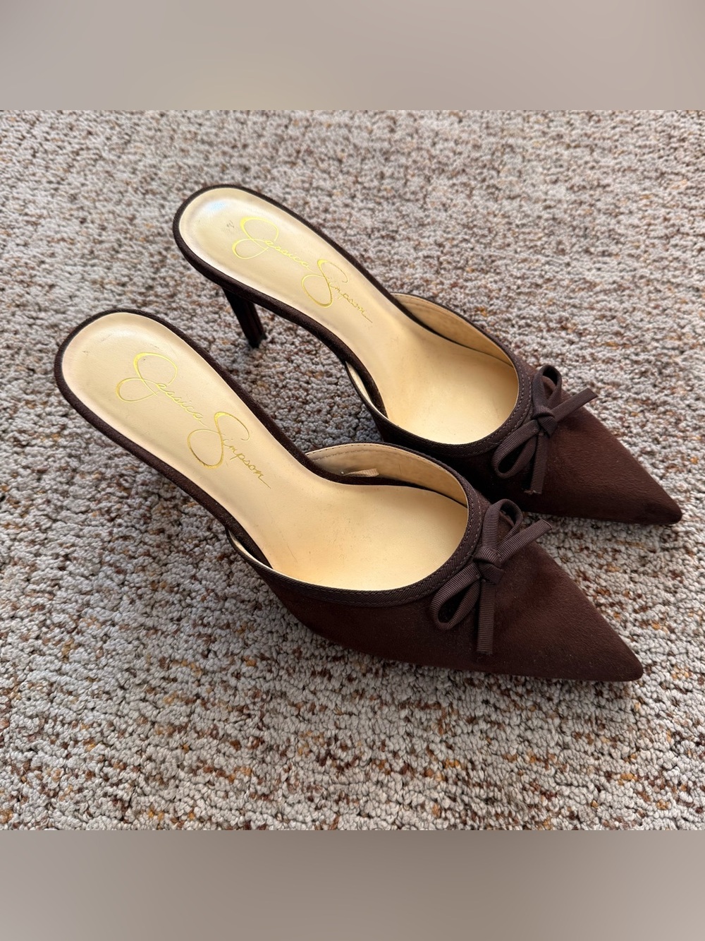 Jessica Simpson Dark Brown Suede Pointed Toe Bow Mules